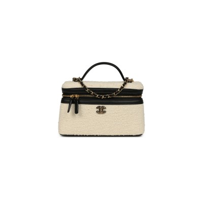 CHANEL MASTER COCO BEACH TOP HANDLE LONG VANITY CASE WITH CHAIN ECRU TWEED AND BLACK CALFSKIN GOLD HARDWARE (19*13*5cm) 